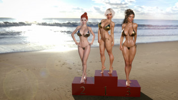 Картинка 3д+графика спорт+ sport девушки пъедестал пляж море фон взгляд