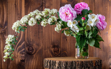 Картинка цветы букеты +композиции розы таволга жасмин