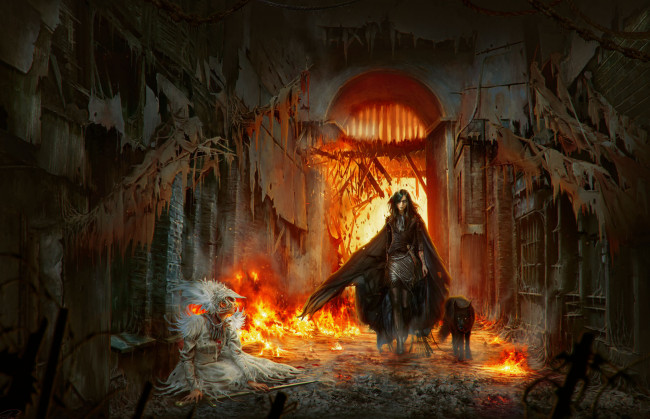 Обои картинки фото видео игры, tormentum - dark sorrow, фон, девушки, волк, пламя, меч, униформа