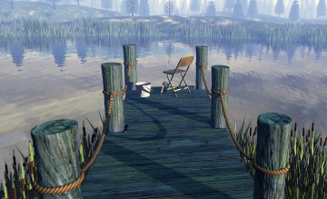 обоя 3д графика, природа , nature, озеро, мостки, стул