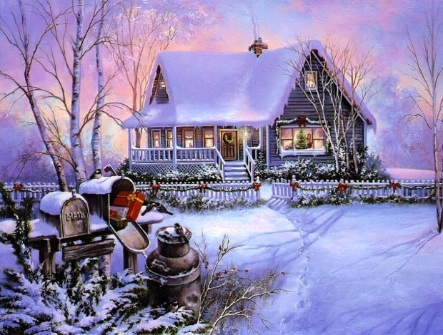 Обои картинки фото рисованное, thomas kinkade, дом, снег, зима, забор, ящик, подарок