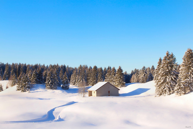 Обои картинки фото природа, зима, лес, домик, небо, arnaud, d, photography, снег, юра, франция