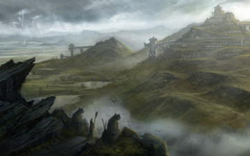 Картинка фэнтези пейзажи молния гроза ливень город горы