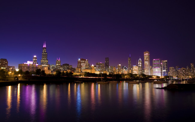 Обои картинки фото города, Чикаго , сша, набережная, вечер, usa, яхты