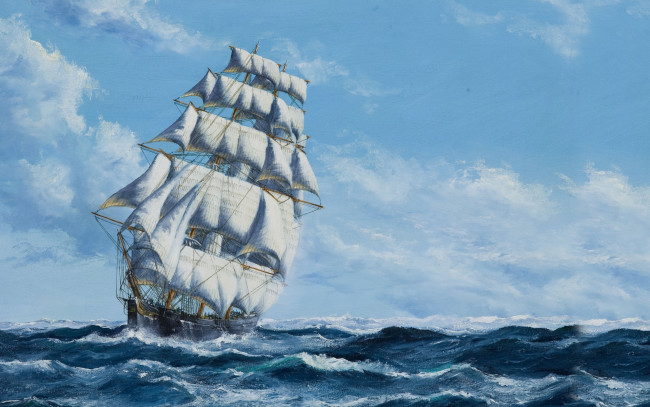 Обои картинки фото корабли, рисованные, море, живопись, рисунок, корабль, небо, паруса, парусник, john bentham-dinsdale