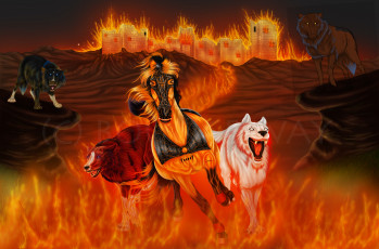 Картинка рисованное животные +сказочные +мифические огненая лошадь город собака медведь огонь