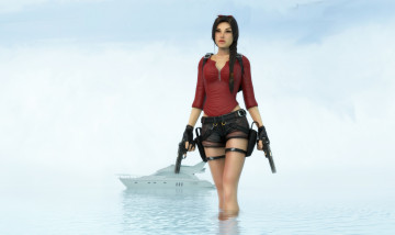 Картинка 3д+графика фантазия+ fantasy девушка море яхта оружие фон взгляд