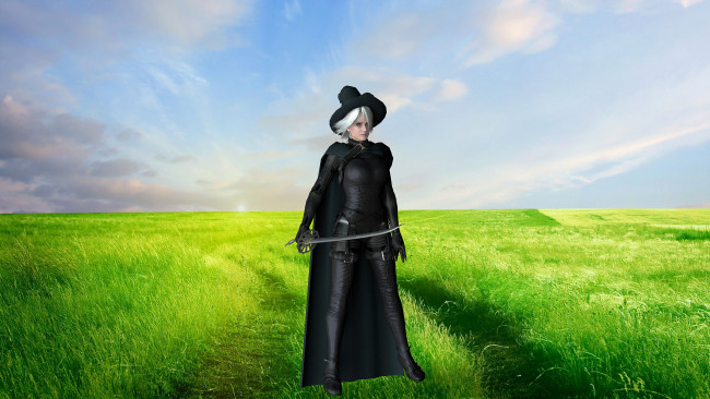 Обои картинки фото 3д графика, фантазия , fantasy, девушка, поле, дорога, меч, шляпа, блондинка, фон, взгляд