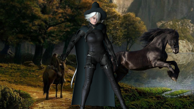 Обои картинки фото 3д графика, фантазия , fantasy, лошади, лес, меч, шляпа, блондинка, фон, взгляд, девушка