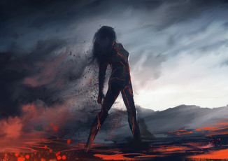 Картинка фэнтези существа лава силуэт девушка арт дым пепел фантастика