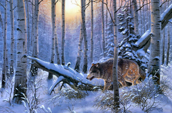 обоя рисованное, животные,  волки, волк, снег, лес