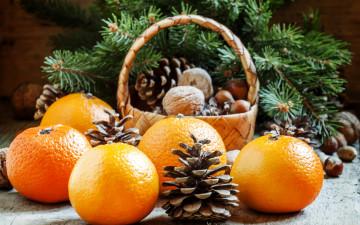 Картинка еда цитрусы ёлка ель орехи ветки новый год праздник мандарины шишки корзина