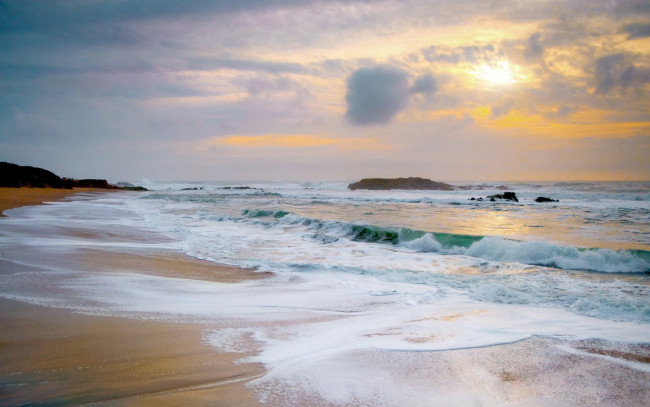 Обои картинки фото природа, побережье, море, берег, прибой, волны, закат, солнце