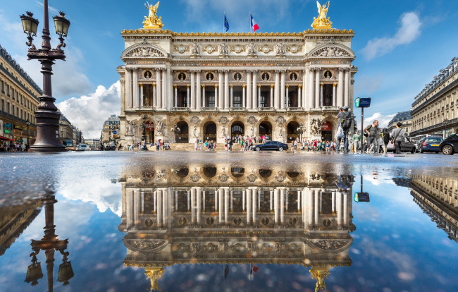Обои картинки фото opera puddle mirror, города, париж , франция, дворец, площадь