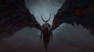 Картинка фэнтези демоны туман луна огонь рога спина демон крылья