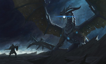 Картинка фэнтези роботы +киборги +механизмы будущее воин рыцарь дракон робот схватка