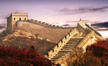 обоя великая китайская стена, города, - исторические,  архитектурные памятники, деревья, осень, стены, ступени, башня