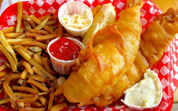 Картинка еда рыбные+блюда +с+морепродуктами картофель лимон рыба соус кляр фри