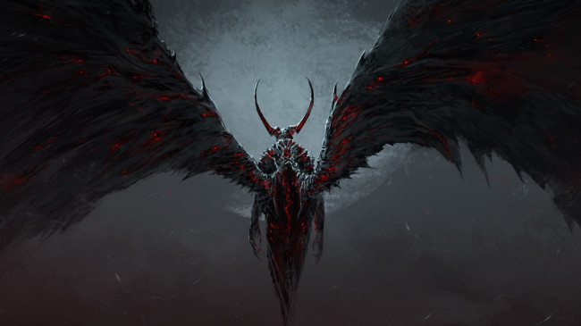 Обои картинки фото фэнтези, демоны, туман, луна, огонь, рога, спина, демон, крылья