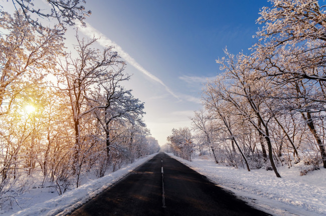 Обои картинки фото природа, дороги, дорога, зима, утро