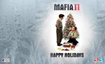обоя видео игры, mafia ii, изморозь, мальчики, подарок, пистолет, ёлка