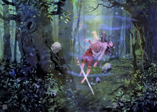 Картинка фэнтези магия лес человек меч камни левитация