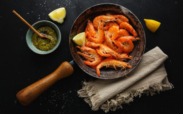 Картинка еда рыбные+блюда +с+морепродуктами креветки соус лимон