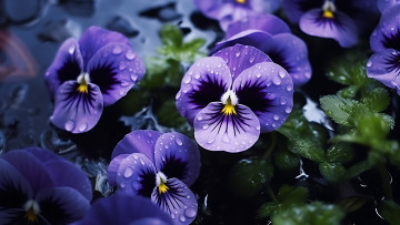 Картинка рисованное цветы капли макро роса весна фиолетовые анютины глазки клумба