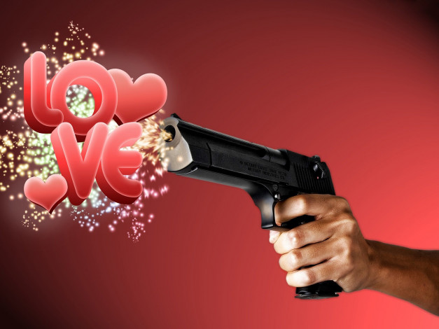 Обои картинки фото праздничные, день, св, валентина, сердечки, любовь, пистолет, рука, сердечко, надпись
