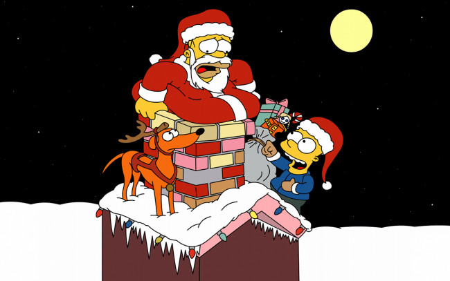 Обои картинки фото мультфильмы, the, simpsons, рождество, барт, маленький, помощник, санты, гомер