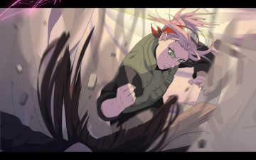 Картинка аниме naruto пыль сакура девушка удар камни