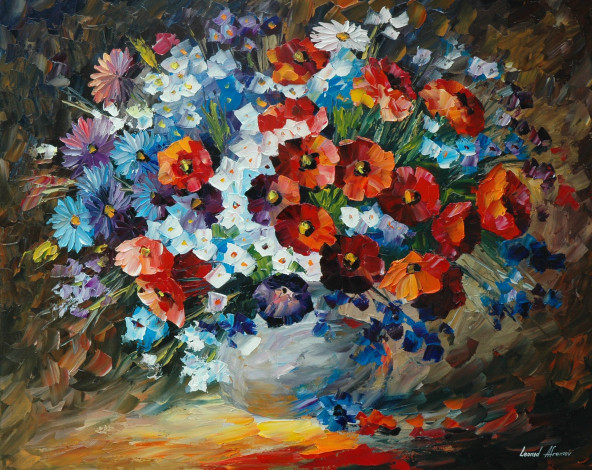 Обои картинки фото рисованные, leonid afremov, ваза, лепестки, leonid, afremov, цветы, букет