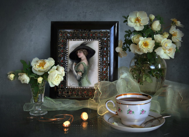 Обои картинки фото цветы, розы, чай, портрет, букет, винтаж, стиль