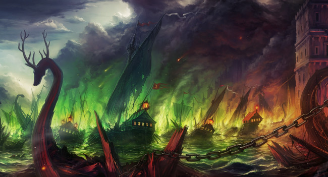 Обои картинки фото фэнтези, корабли, берег, гибель, море, пожар, флот