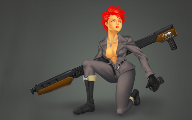 Обои картинки фото девушка, аниме, -weapon,  blood & technology, красные, волосы, оружие