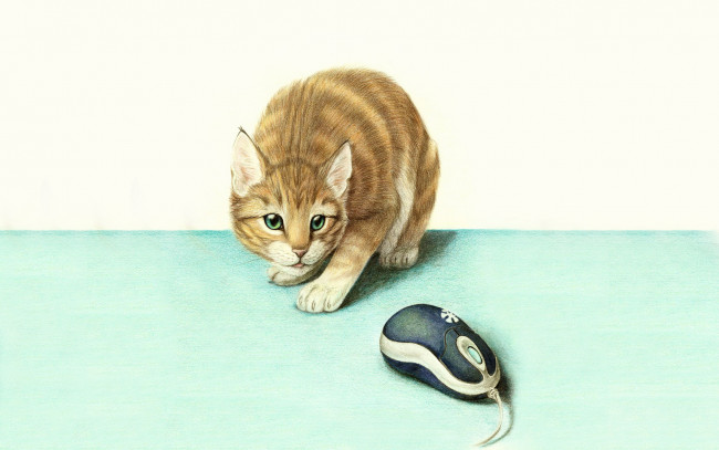 Обои картинки фото кошка и мышка, рисованные, животные,  коты, кот, мышь, мышка, кошка