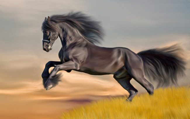 Обои картинки фото рисованные, животные, поле, лошадь
