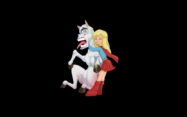 Обои картинки фото супердевушка, рисованные, минимализм, supergirl, лошадь, обнимка