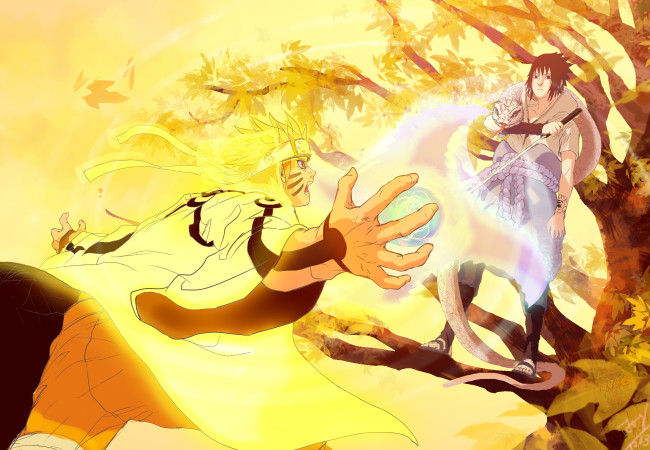 Обои картинки фото аниме, naruto, наруто, жёлтый, фон, саске, бой, листья, осень