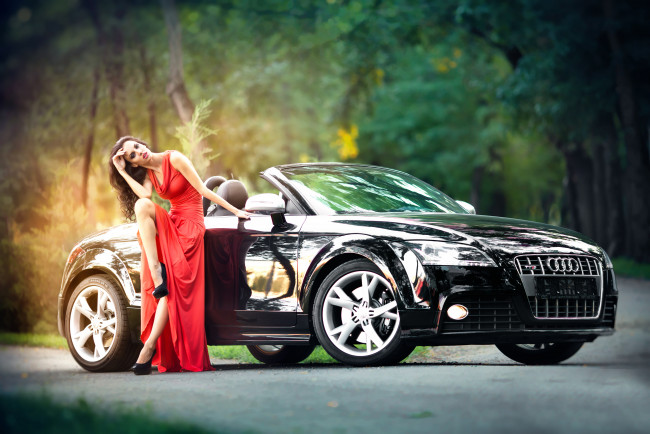 Обои картинки фото автомобили, -авто с девушками, девушка, авто, платье, туфли, макияж