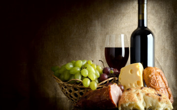 Картинка еда разное вино виноград сыр ветчина хлеб