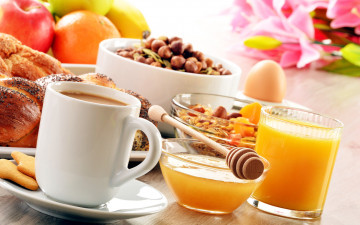 Картинка еда разное завтрак сок кофе мюсли мед фрукты