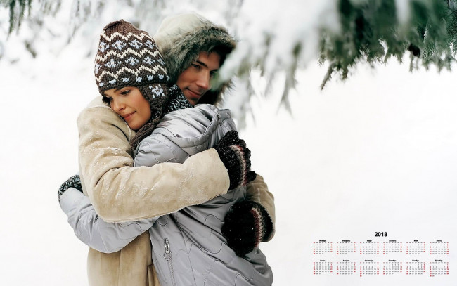Обои картинки фото календари, люди, шапка, снег, парень, девушка, 2018
