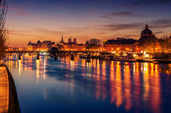 Обои картинки фото города, париж , франция, мост, река, огни, вечер