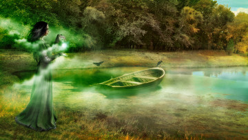 Картинка фэнтези фотоарт девушка лодка фон магия