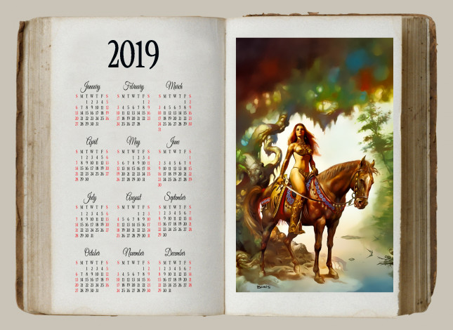 Обои картинки фото календари, фэнтези, дерево, конь, девушка, лошадь
