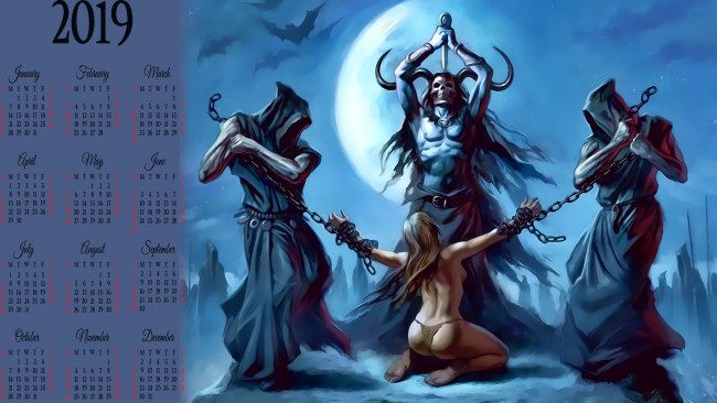 Обои картинки фото календари, фэнтези, существо, цепь, девушка, оружие, пленница