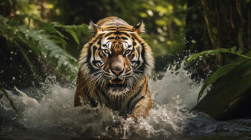 Картинка 3д+графика животные+ animals вода взгляд тигр морда хищник брызги джунгли цифровое искусство большая кошка бенгальский ии-арт искусственного интеллекта нейросеть