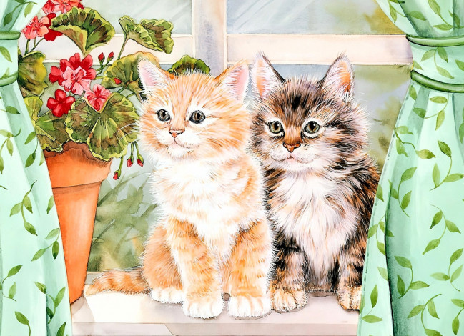 Обои картинки фото рисованное, животные,  коты, котята, окно, шторы, герань