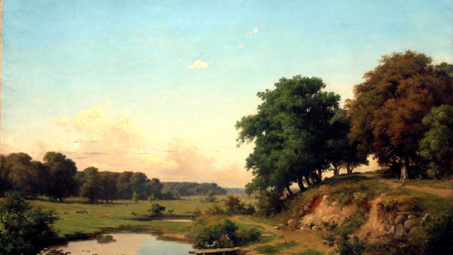 Обои картинки фото владимир донатович орловский, рисованное, владимир орловский, деревья, озеро, обрыв, луга